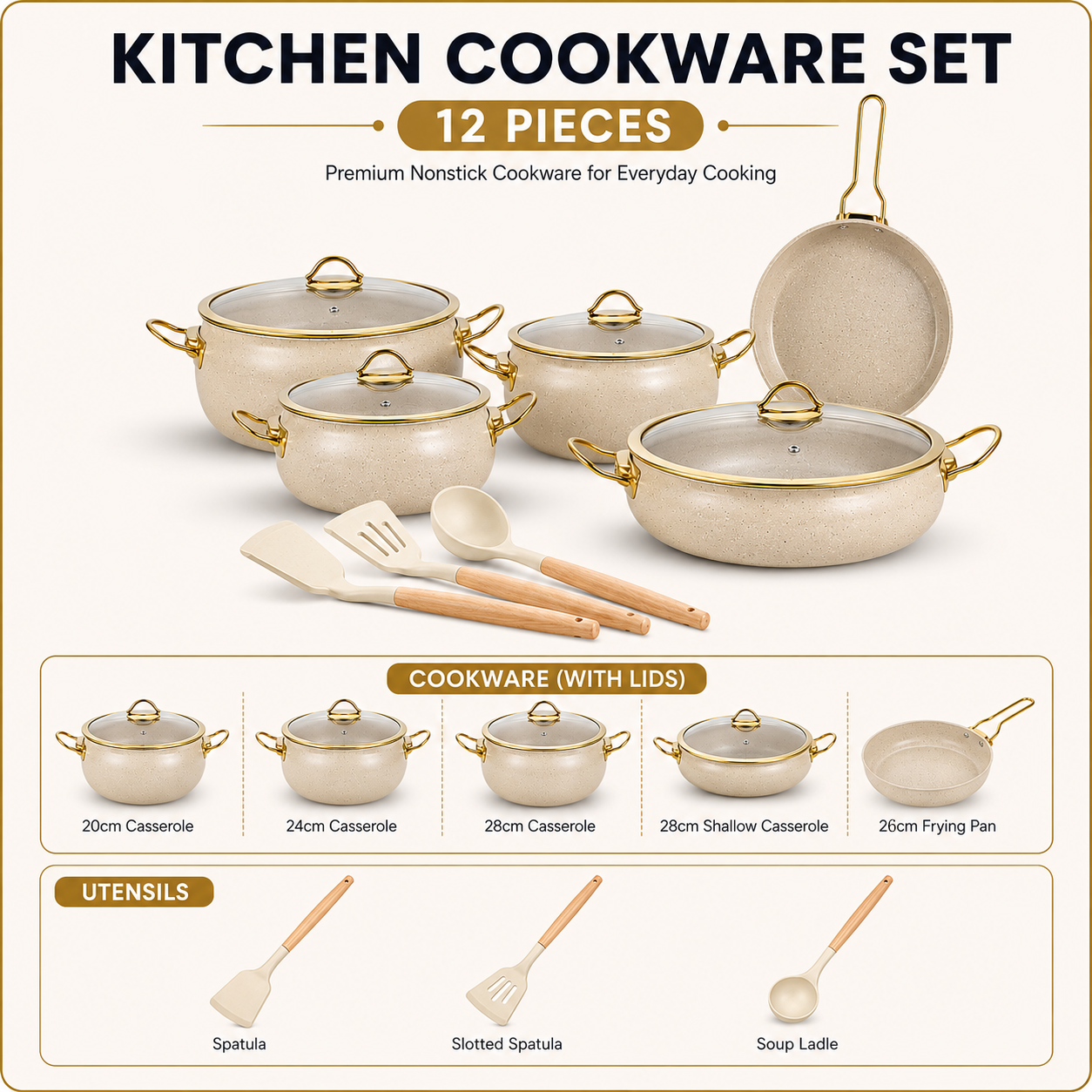 12-Piece Stainless Steel Cookware Set with Glass Lids Non-stick Kitchen Utensils Induction Cooking Pots Pans - Image 2