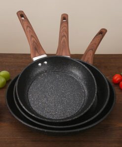 Non Stick Maifan Stone Frying Pan Set 3 Piece Cookware Set Wooden Handle Pan Set for Home Kitchen