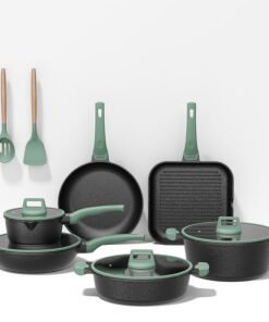 Kitchen Accessories Black and Green Nonstick Cookware Set with Soup & Stock Pots Fry Pans Roasting Pans