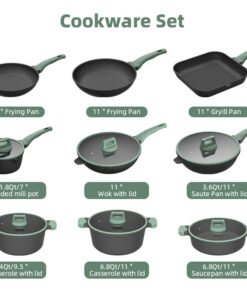 Alternative view of Kitchen Accessories Black and Green Nonstick Cookware Set with Soup & Stock Pots Fry Pans Roasting Pans