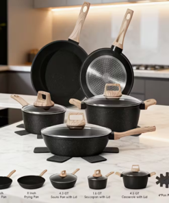 12-Piece Modern Metal Non-Stick Cookware Set with Black Exterior Clear Glass Lids & Complete Kitchen Pots and Pans