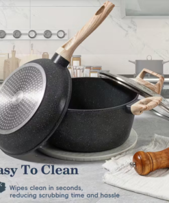 12-Piece Modern Metal Non-Stick Cookware Set with Black Exterior Clear Glass Lids & Complete Kitchen Pots and Pans - Image 4