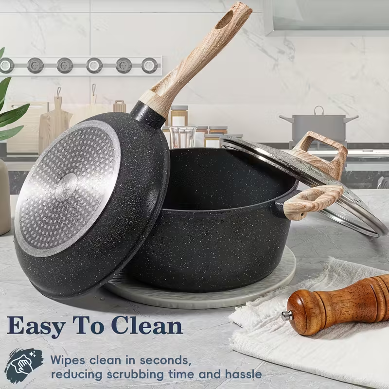 12-Piece Modern Metal Non-Stick Cookware Set with Black Exterior Clear Glass Lids & Complete Kitchen Pots and Pans - Image 4