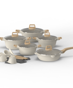 Hot Sale Cookware Set Die Casting Aluminium Stripes Style Induction Bottom Durable Marble Coating Saute Pan Cooking Set