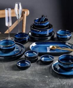 Colored Glaze Blue High Quality Porcelain Dinner Plate Rice Bowls Round Ceramic Dinnerware Sets for Restaurant