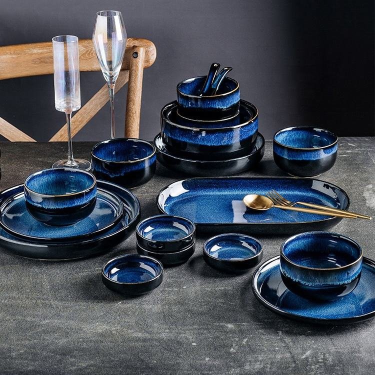 Colored Glaze Blue High Quality Porcelain Dinner Plate Rice Bowls Round Ceramic Dinnerware Sets for Restaurant