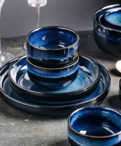 Alternative view of Colored Glaze Blue High Quality Porcelain Dinner Plate Rice Bowls Round Ceramic Dinnerware Sets for Restaurant