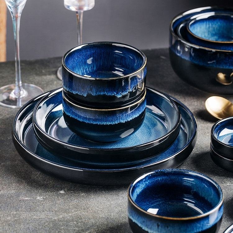 Colored Glaze Blue High Quality Porcelain Dinner Plate Rice Bowls Round Ceramic Dinnerware Sets for Restaurant - Image 2