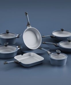 Blue 6-Piece Eco-Friendly Oven Safe Cookware Set Non-Stick Aluminium Pots Tempered Glass Lids Frying Pans for All Hobs Induction