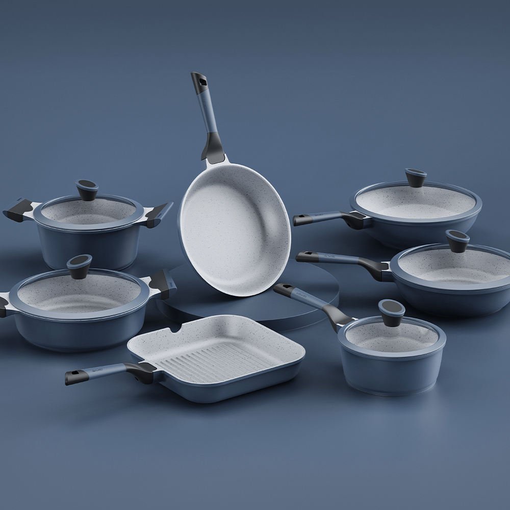Blue 6-Piece Eco-Friendly Oven Safe Cookware Set Non-Stick Aluminium Pots Tempered Glass Lids Frying Pans for All Hobs Induction
