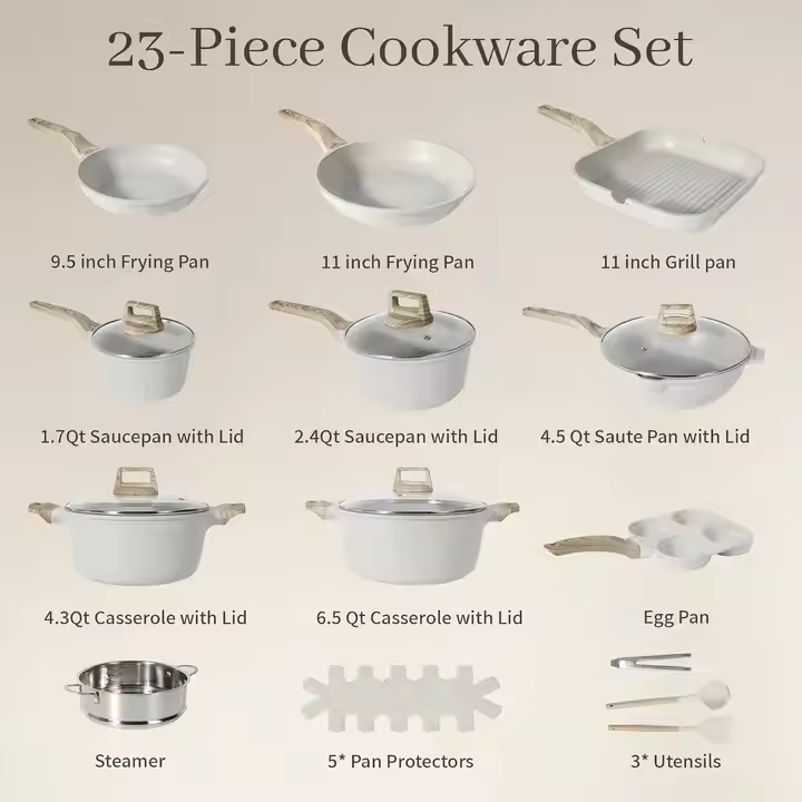 High Quality Modern Die-Cast Aluminum Spiral Marble Nonstick Eco-Friendly Cookware Set Pots Pans Wooden Handle Custom Logo - Image 2