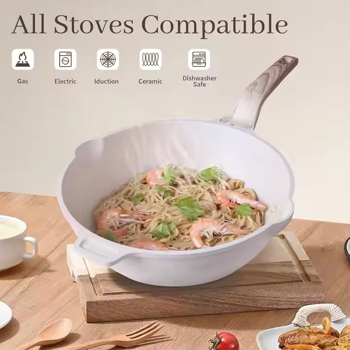High Quality Modern Die-Cast Aluminum Spiral Marble Nonstick Eco-Friendly Cookware Set Pots Pans Wooden Handle Custom Logo - Image 6