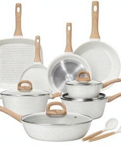25-Piece Nonstick Ceramic Cookware Set Healthy Non-Toxic Induction Compatible Large Capacity PFAS/PTFE/PFOA Free Cream