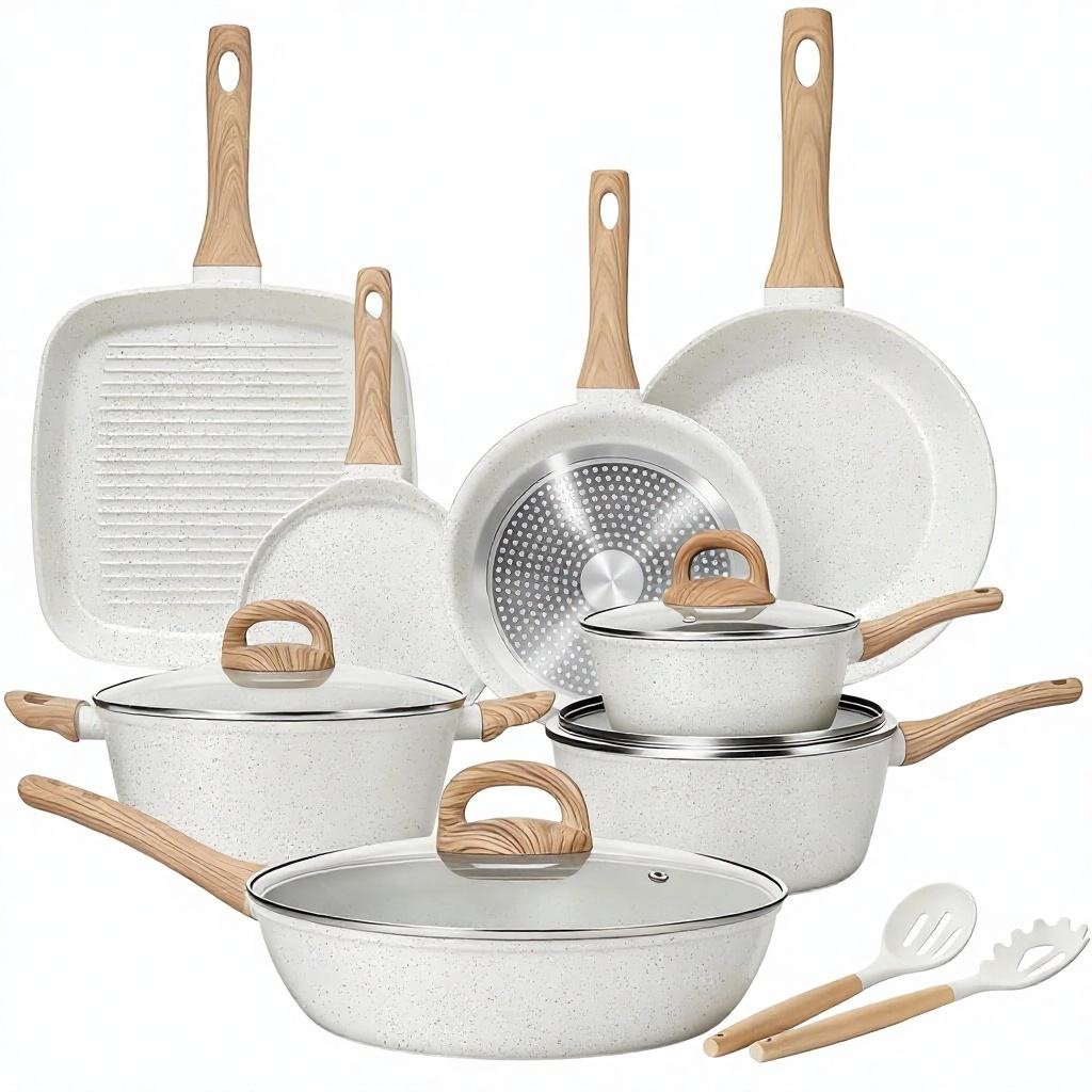 25-Piece Nonstick Ceramic Cookware Set Healthy Non-Toxic Induction Compatible Large Capacity PFAS/PTFE/PFOA Free Cream