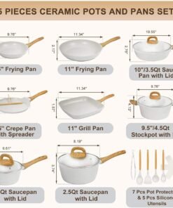 Alternative view of 25-Piece Nonstick Ceramic Cookware Set Healthy Non-Toxic Induction Compatible Large Capacity PFAS/PTFE/PFOA Free Cream