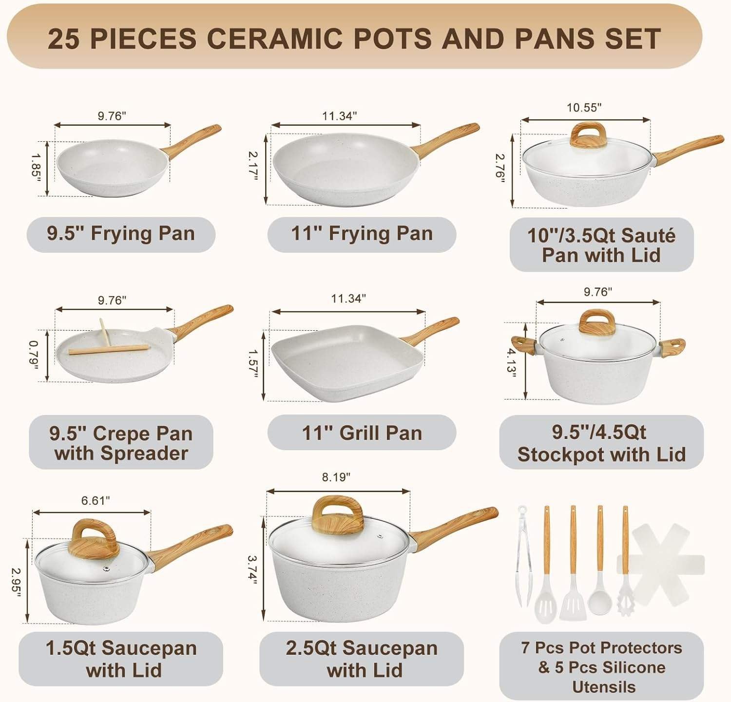 25-Piece Nonstick Ceramic Cookware Set Healthy Non-Toxic Induction Compatible Large Capacity PFAS/PTFE/PFOA Free Cream - Image 2
