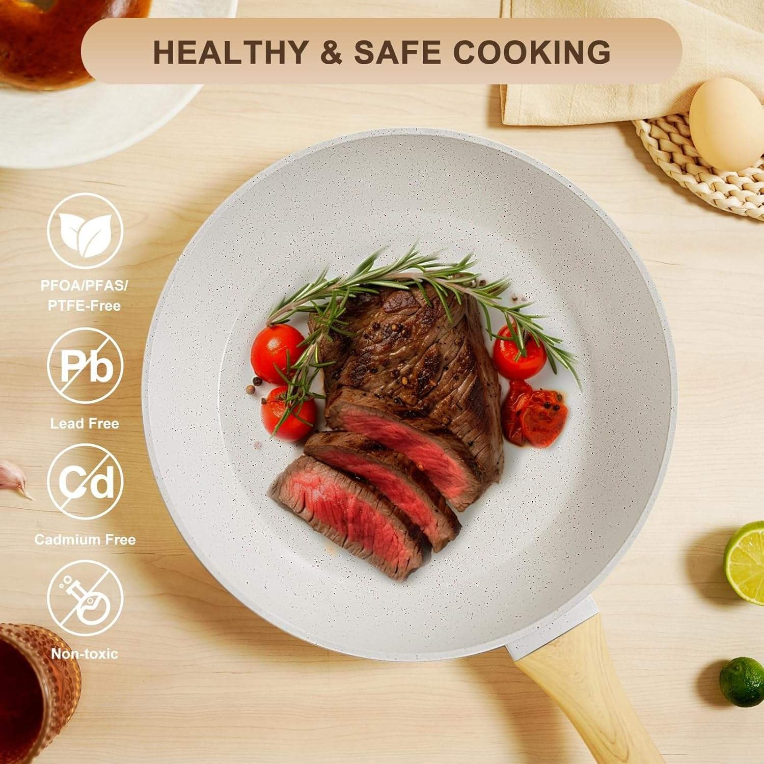 25-Piece Nonstick Ceramic Cookware Set Healthy Non-Toxic Induction Compatible Large Capacity PFAS/PTFE/PFOA Free Cream - Image 3