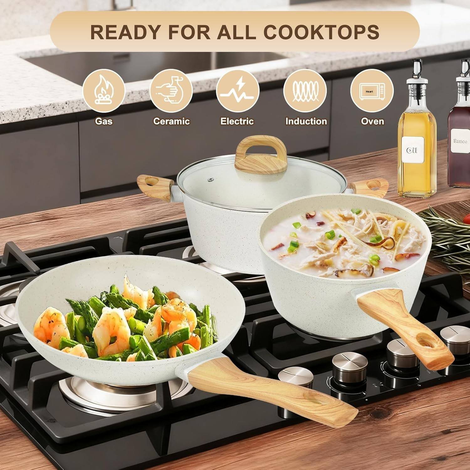 25-Piece Nonstick Ceramic Cookware Set Healthy Non-Toxic Induction Compatible Large Capacity PFAS/PTFE/PFOA Free Cream - Image 4