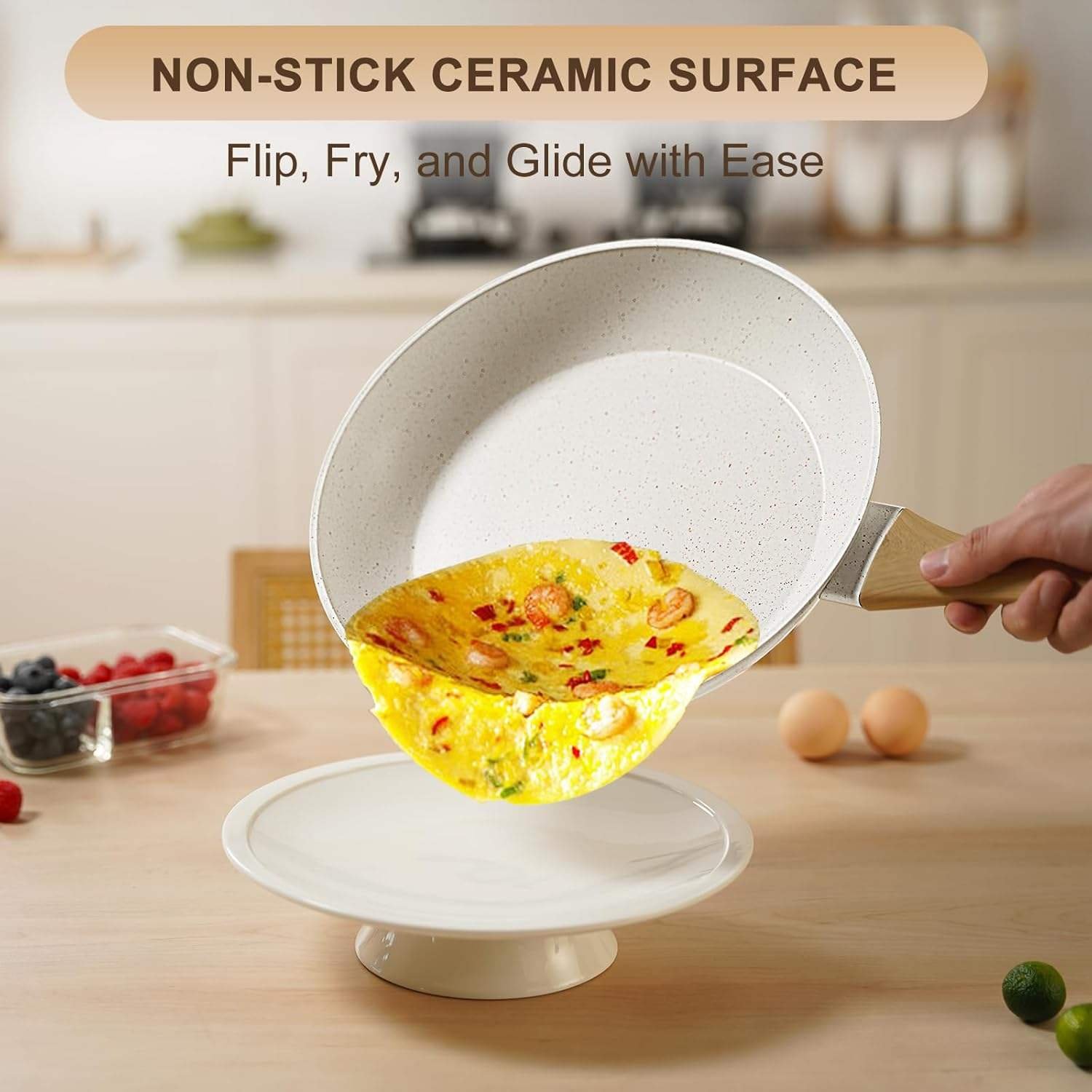 25-Piece Nonstick Ceramic Cookware Set Healthy Non-Toxic Induction Compatible Large Capacity PFAS/PTFE/PFOA Free Cream - Image 5