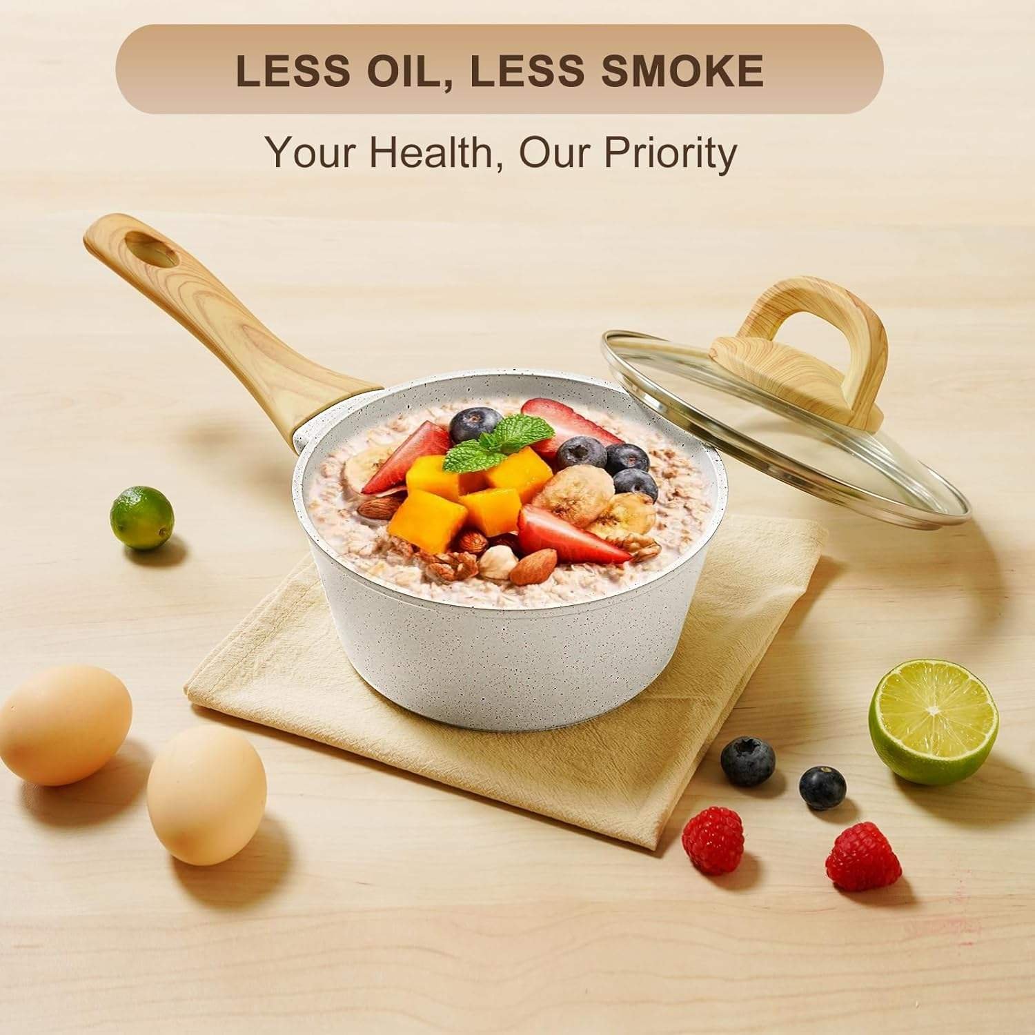 25-Piece Nonstick Ceramic Cookware Set Healthy Non-Toxic Induction Compatible Large Capacity PFAS/PTFE/PFOA Free Cream - Image 6