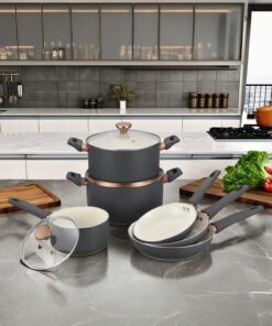 ODM/OEM Pressed Nonstick Ceramic Aluminum Cookware Set Non- Stick Ceramic Finish Pot Fry Pan with Soft Handle for Gas Stove