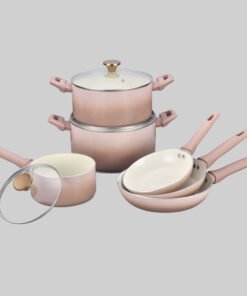 ODM/OEM Pressed Nonstick Ceramic Aluminum Cookware Set Non- Stick Ceramic Finish Pot Fry Pan with Soft Handle for Gas Stove - Image 3