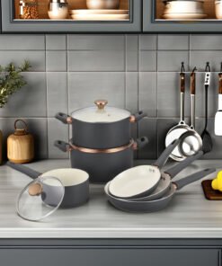 ODM/OEM Pressed Nonstick Ceramic Aluminum Cookware Set Non- Stick Ceramic Finish Pot Fry Pan with Soft Handle for Gas Stove - Image 4