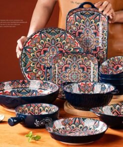 Handmade Kitchen Dinner Porcelain Cutlery Set Vintage Pattern Dinner Set Ceramic Bowl Plate Dinnerware Sets
