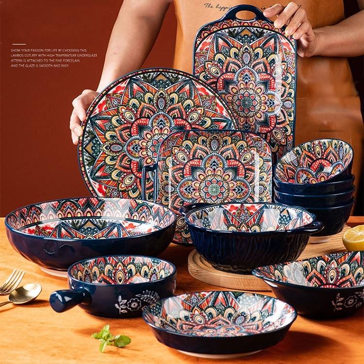 Handmade Kitchen Dinner Porcelain Cutlery Set Vintage Pattern Dinner Set Ceramic Bowl Plate Dinnerware Sets