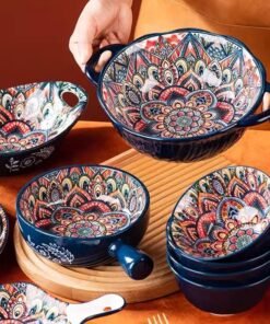 Alternative view of Handmade Kitchen Dinner Porcelain Cutlery Set Vintage Pattern Dinner Set Ceramic Bowl Plate Dinnerware Sets