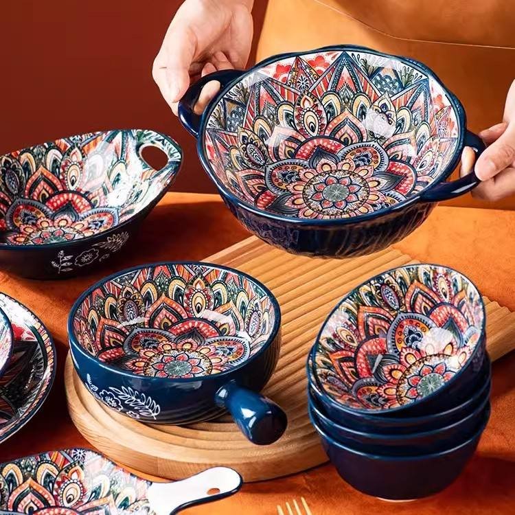 Handmade Kitchen Dinner Porcelain Cutlery Set Vintage Pattern Dinner Set Ceramic Bowl Plate Dinnerware Sets - Image 2