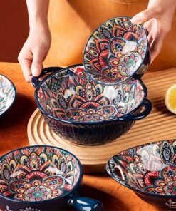 Handmade Kitchen Dinner Porcelain Cutlery Set Vintage Pattern Dinner Set Ceramic Bowl Plate Dinnerware Sets - Image 3