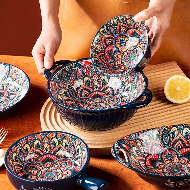 Handmade Kitchen Dinner Porcelain Cutlery Set Vintage Pattern Dinner Set Ceramic Bowl Plate Dinnerware Sets - Image 3