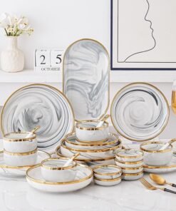 Meal Set for 2-4-6-8-person luxurious white marble-veined gold-rimmed ceramic dinnerware set in exquisite giftbox fade-resistant