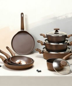 12Pcs Non Stick Aluminum Cookware Set, Induction Wood Grain Handle Frying Casserole Sauce Crepe Pan Home Kitchen
