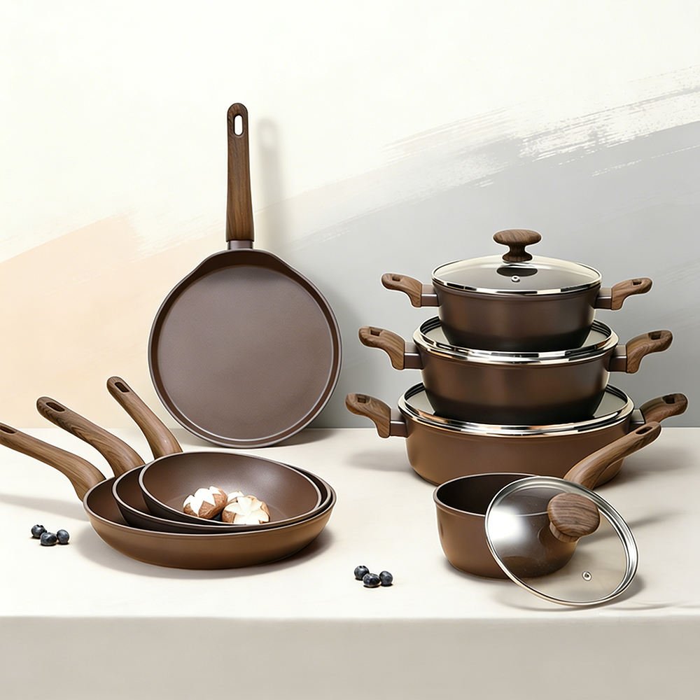 12Pcs Non Stick Aluminum Cookware Set, Induction Wood Grain Handle Frying Casserole Sauce Crepe Pan Home Kitchen