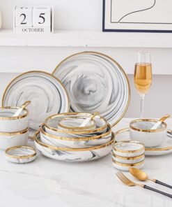 Alternative view of Meal Set for 2-4-6-8-person luxurious white marble-veined gold-rimmed ceramic dinnerware set in exquisite giftbox fade-resistant