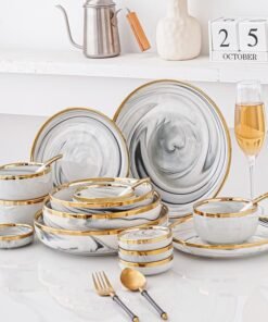 Meal Set for 2-4-6-8-person luxurious white marble-veined gold-rimmed ceramic dinnerware set in exquisite giftbox fade-resistant - Image 4
