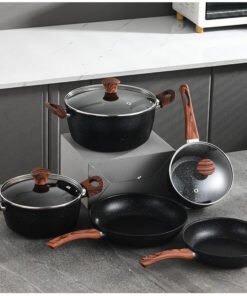 Hot Selling Maifan Stone No-stick Easy Clean Wood Grain Handle Iron Coating Frying Pan Milk Pot Cookware Set with Accessories