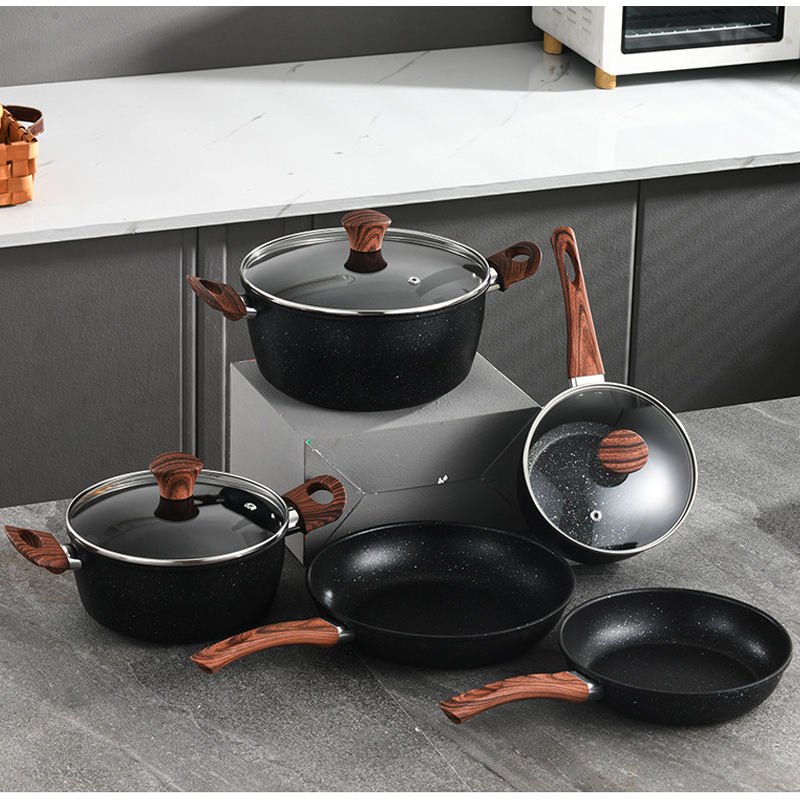 Hot Selling Maifan Stone No-stick Easy Clean Wood Grain Handle Iron Coating Frying Pan Milk Pot Cookware Set with Accessories