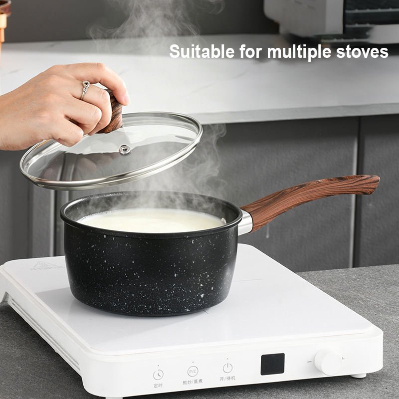 Hot Selling Maifan Stone No-stick Easy Clean Wood Grain Handle Iron Coating Frying Pan Milk Pot Cookware Set with Accessories - Image 4