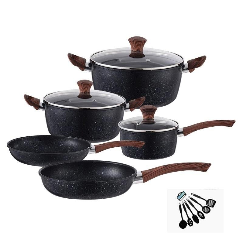 Hot Selling Maifan Stone No-stick Easy Clean Wood Grain Handle Iron Coating Frying Pan Milk Pot Cookware Set with Accessories - Image 5
