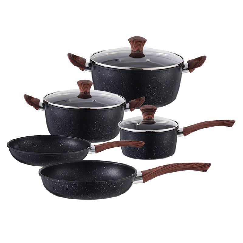 Hot Selling Maifan Stone No-stick Easy Clean Wood Grain Handle Iron Coating Frying Pan Milk Pot Cookware Set with Accessories - Image 6